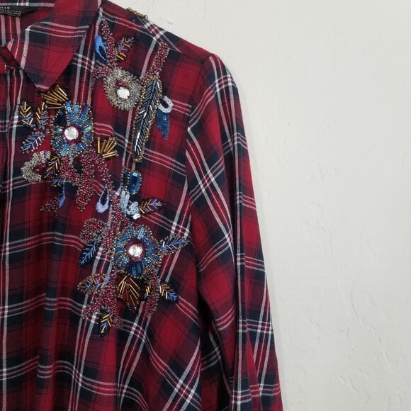 Zara Embellished Button Down Plaid Shirt Top Red Size L - Picture 5 of 10